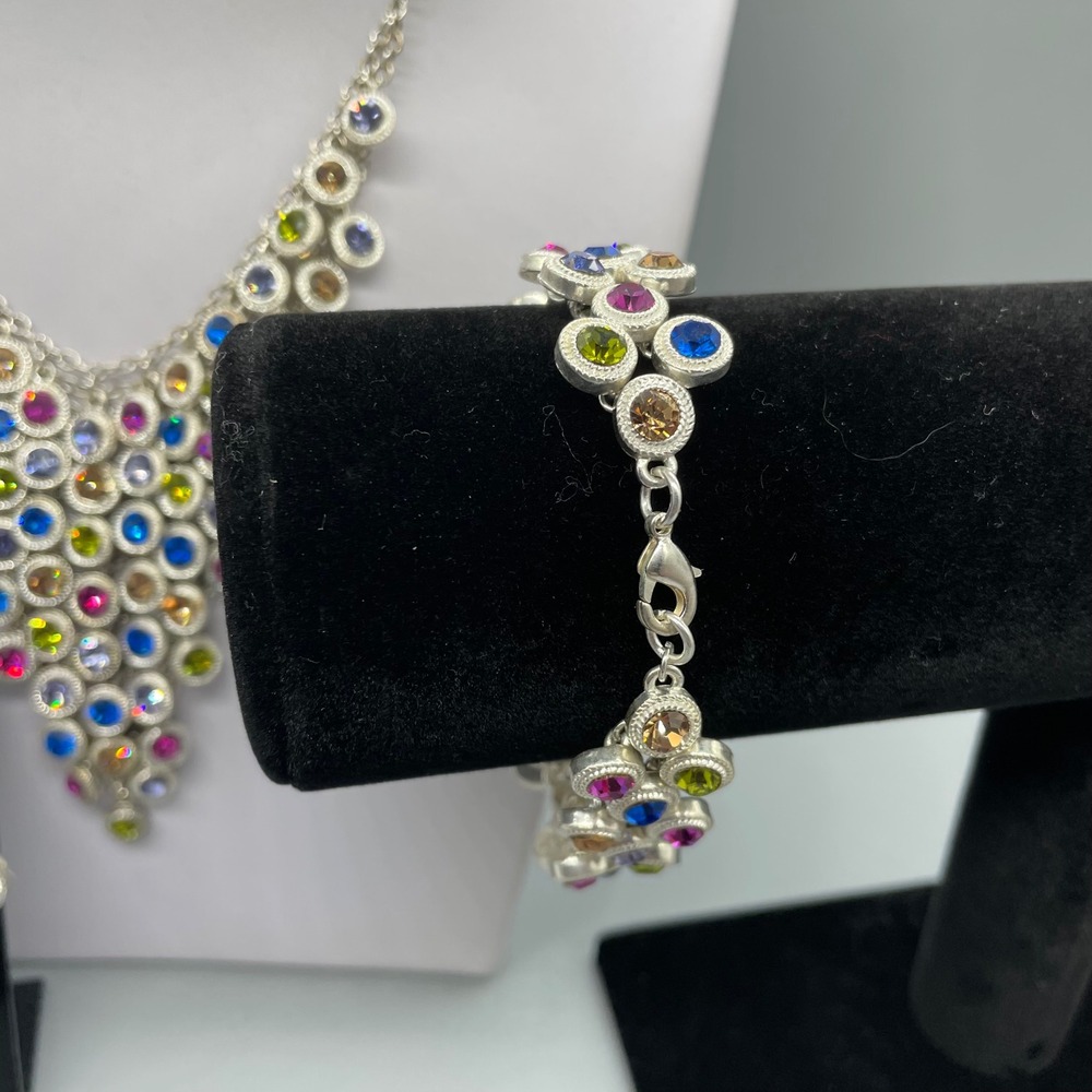 Multi Color Rhinestone Silver Tone Statement Jewelry Set Necklace Bracelet Ring - Picture 6 of 14